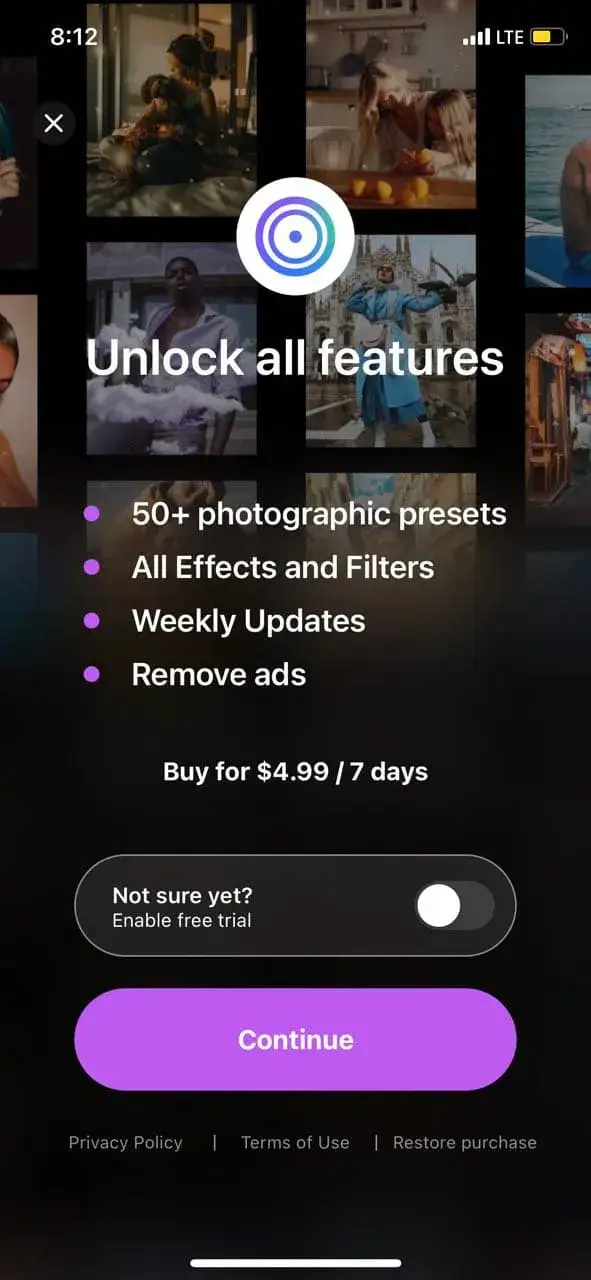 The paywall screen of the Loopsie app