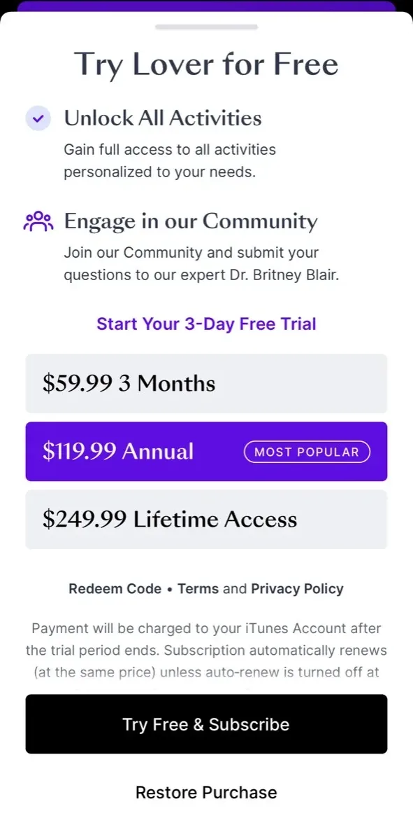 The paywall screen of the true app