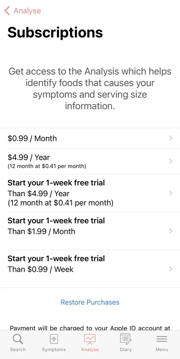 The paywall screen of the Low FODMAP diet foods app