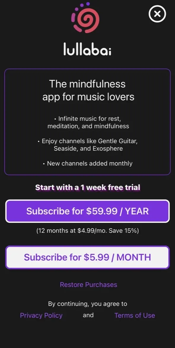 The paywall screen of the lullabai app