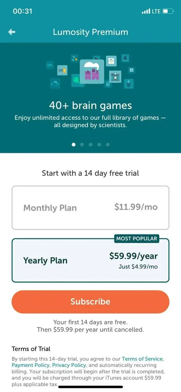 The paywall screen of the Lumosity app