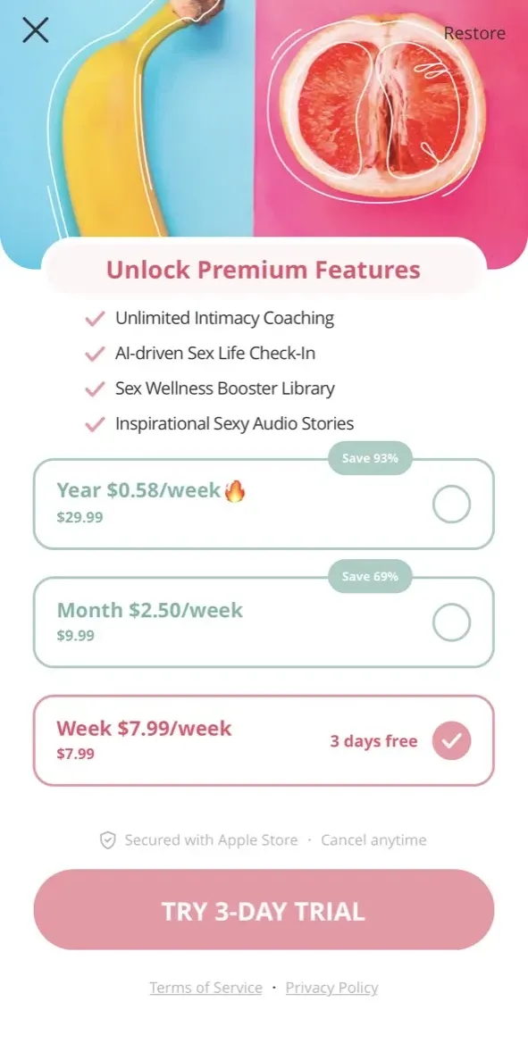 The paywall screen of the Luvzy app