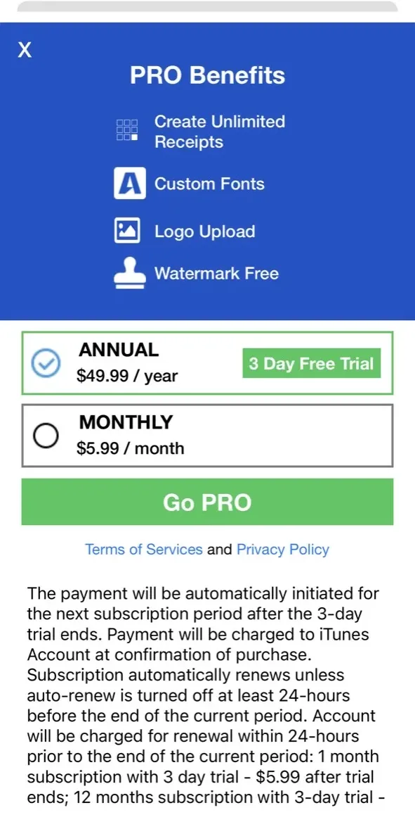 The paywall screen of the true app