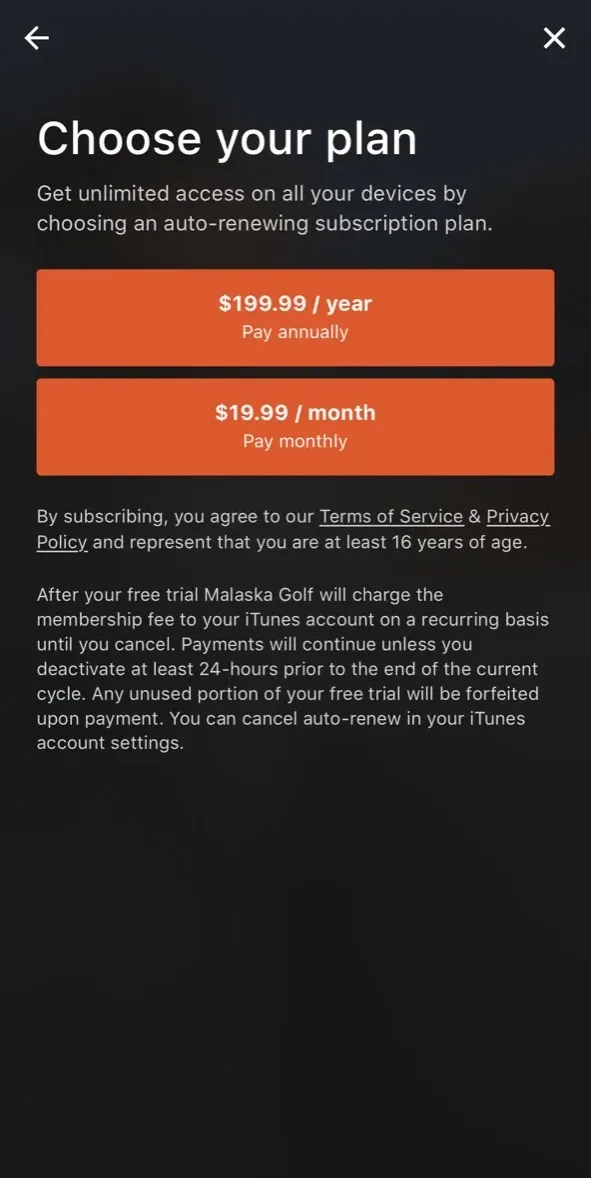 The paywall screen of the true app