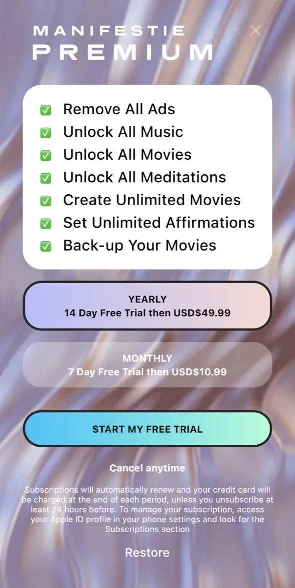The paywall screen of the Manifestie app