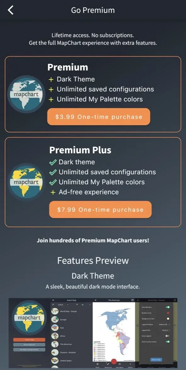 The paywall screen of the MapChart App app