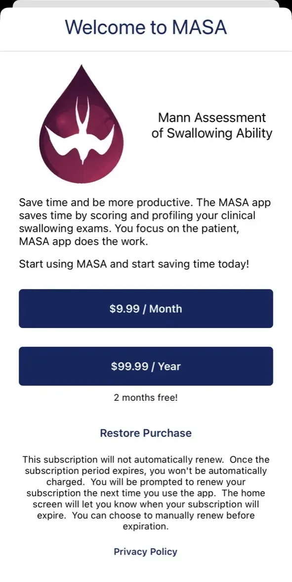 The paywall screen of the MASA Swallowing Exam app