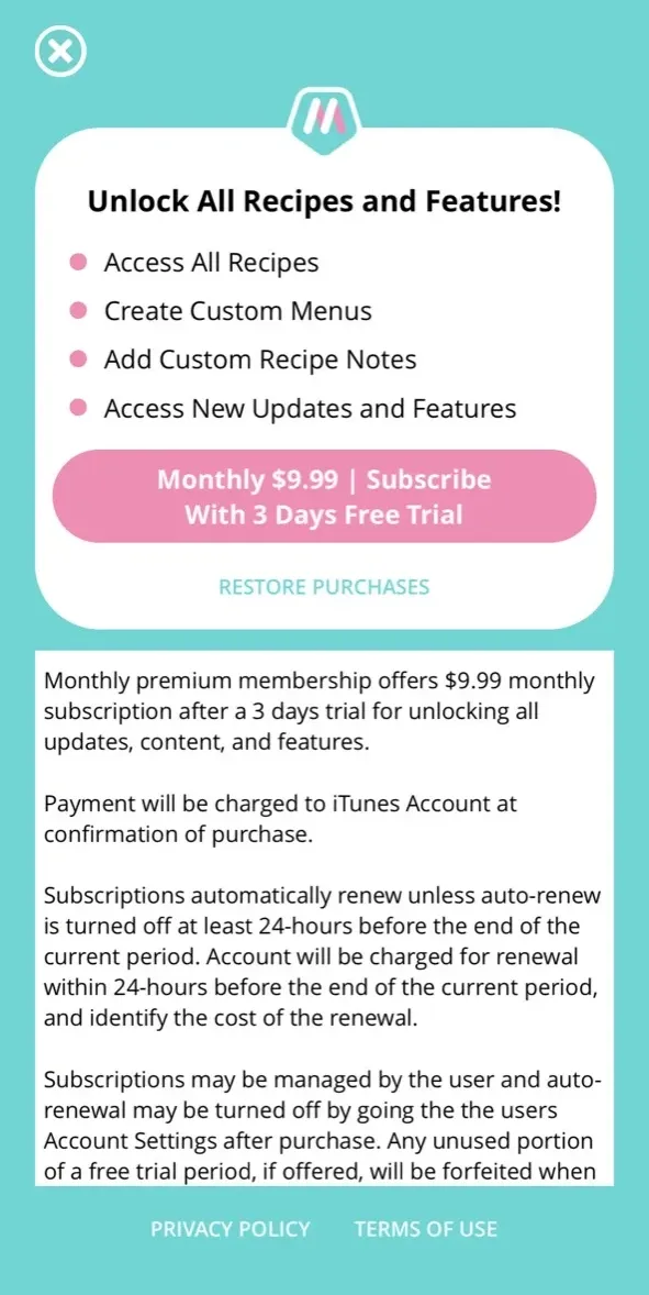 The paywall screen of the Master Meal Planner app