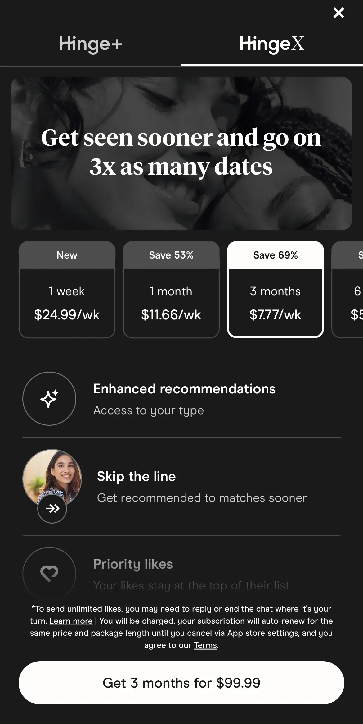 The paywall screen of the Hinge Dating App app