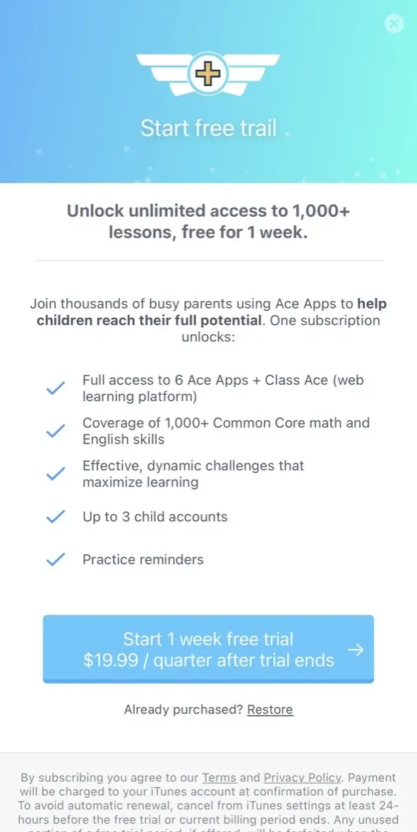 The paywall screen of the Math Ace 2nd app