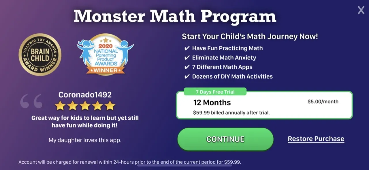 The paywall screen of the Math Balance Educational app