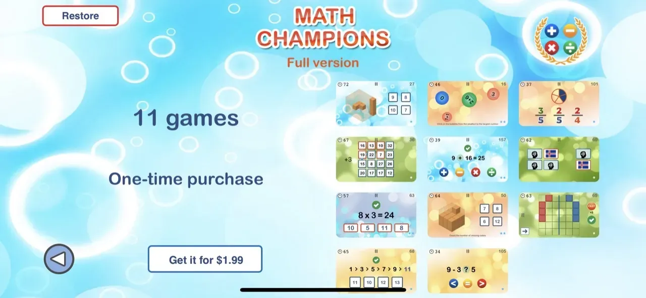 The paywall screen of the Math Champions games app