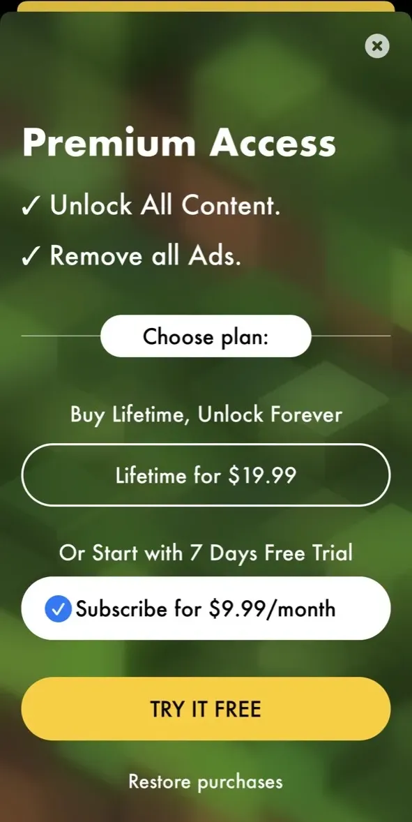 The paywall screen of the true app