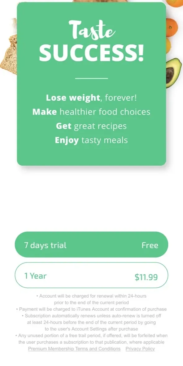 The paywall screen of the Meal Planner app