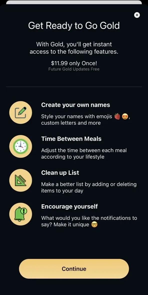 The paywall screen of the Meal Reminder app