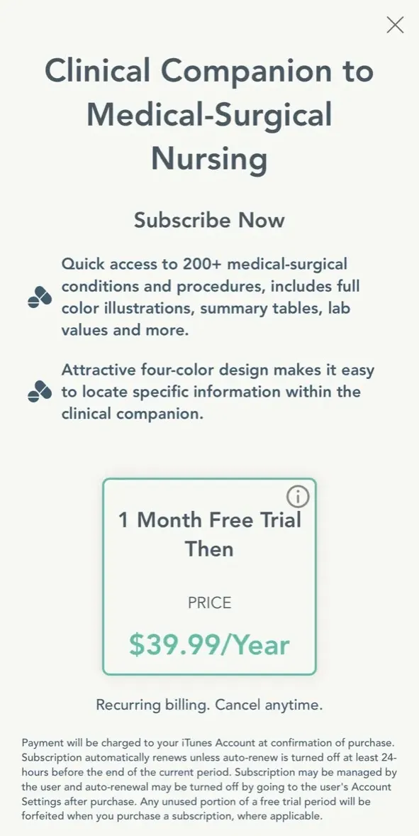 The paywall screen of the Medical Surgical Nursing app