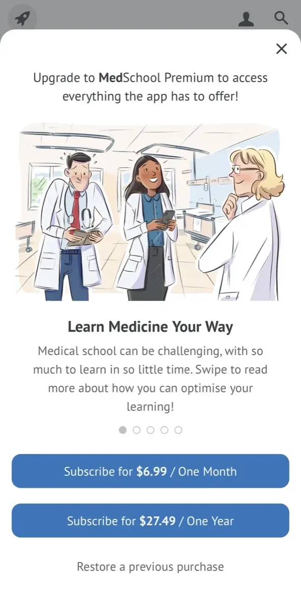 The paywall screen of the MedSchool app