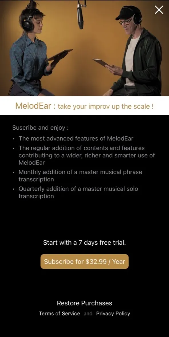 The paywall screen of the MelodEar app