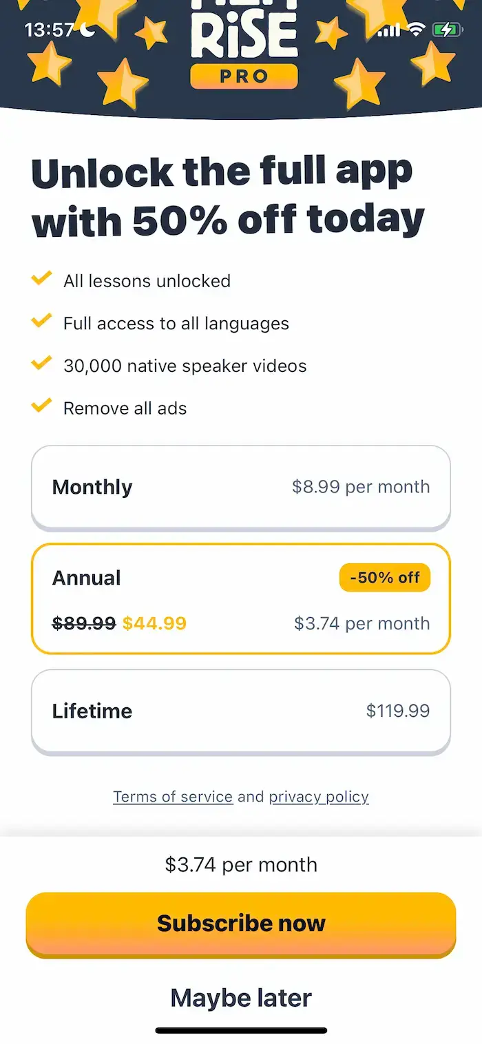 The paywall screen of the Memrise Easy Language app