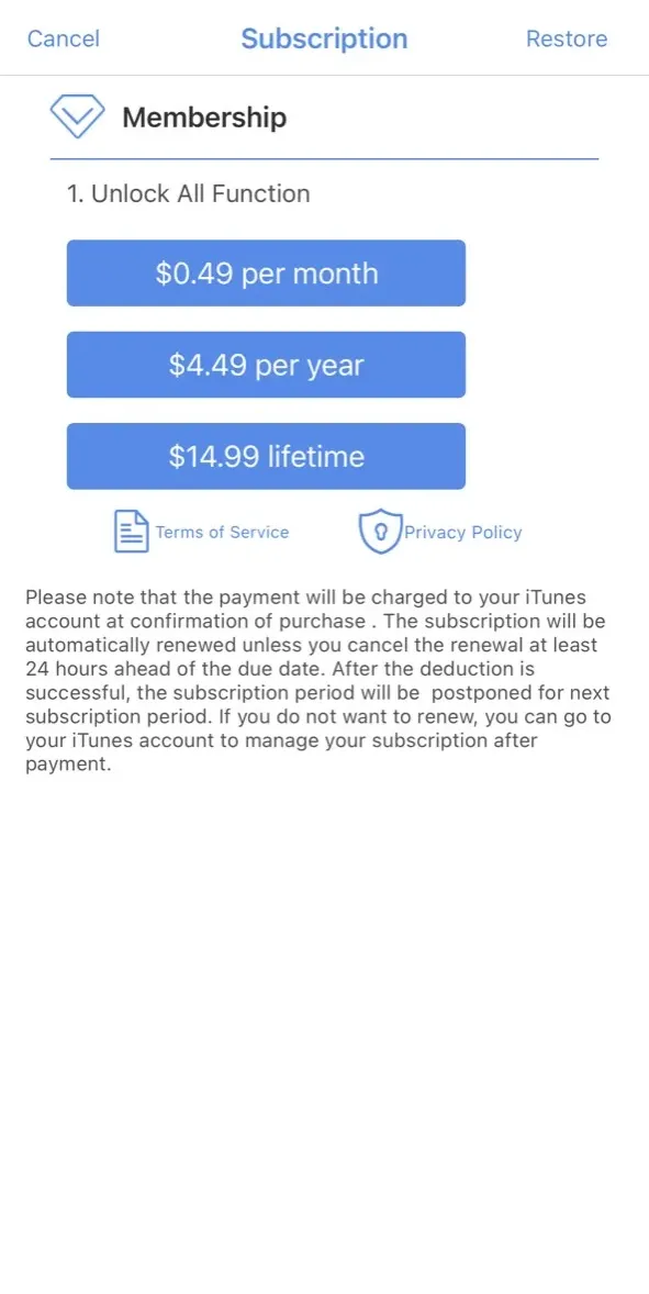 The paywall screen of the true app