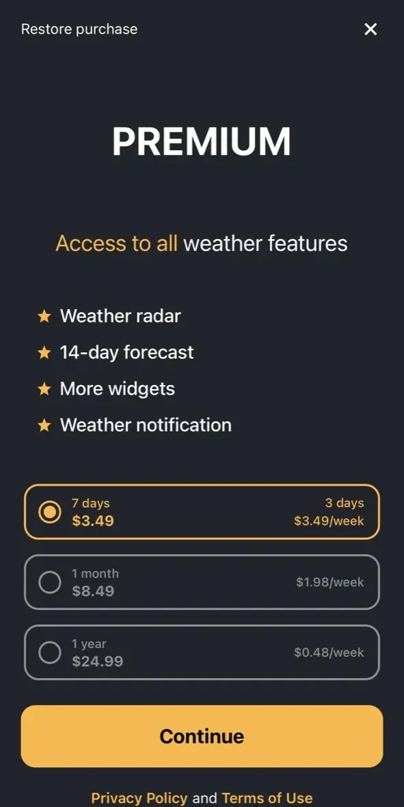 The paywall screen of the Meteo Radar Pro app