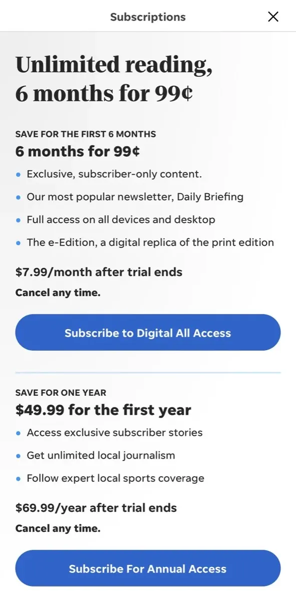 The paywall screen of the true app