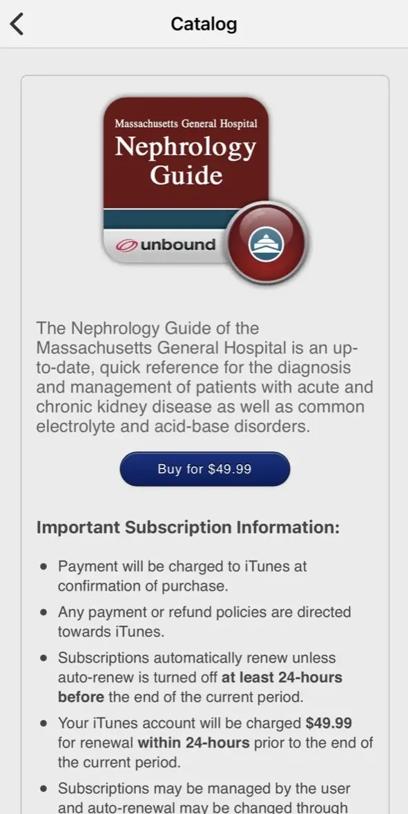 The paywall screen of the MGH Nephrology Guide app