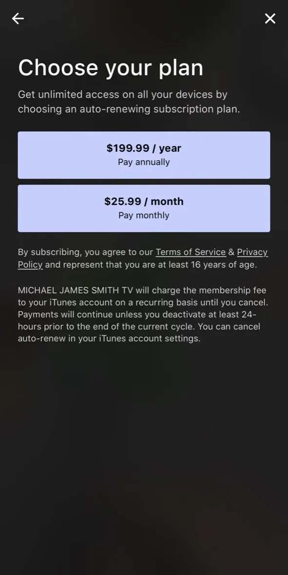 The paywall screen of the true app