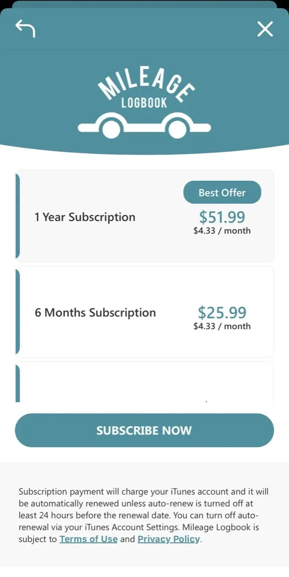 The paywall screen of the Mileage Logbook app