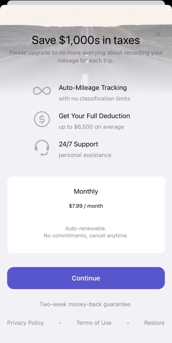 The paywall screen of the Mileage Tracker app