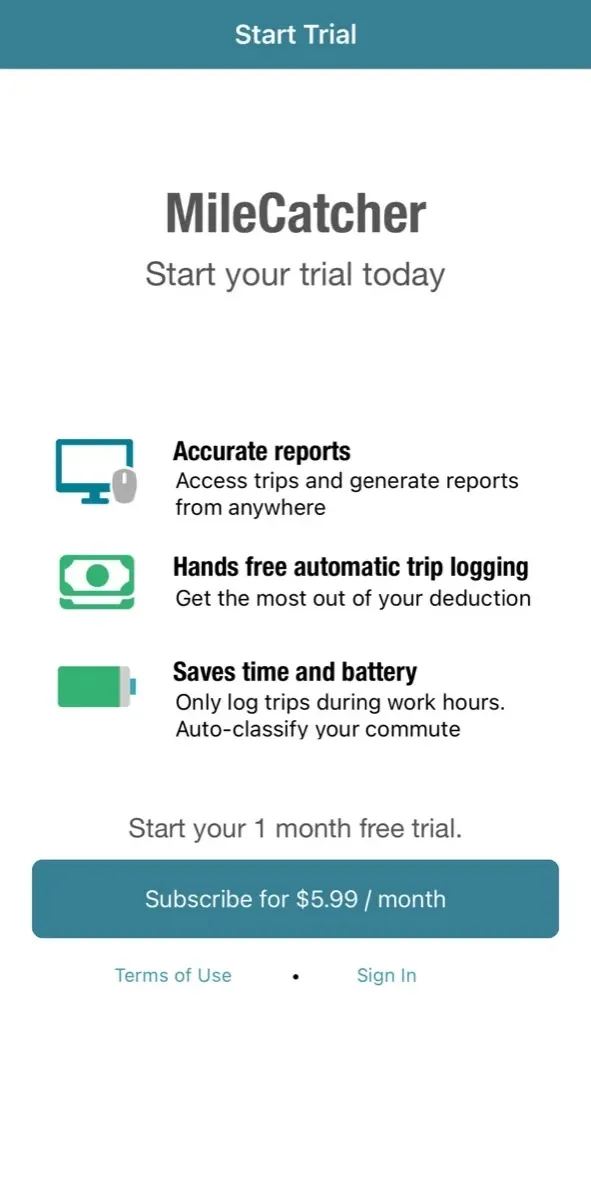 The paywall screen of the MileCatcher Mileage Tracker app