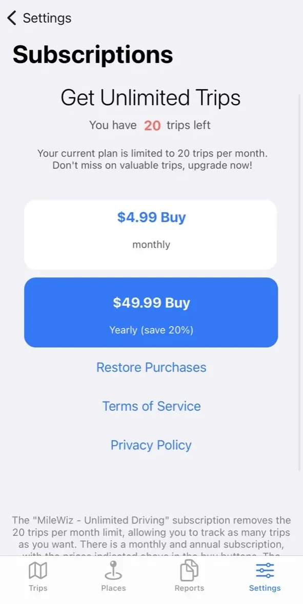 The paywall screen of the true app