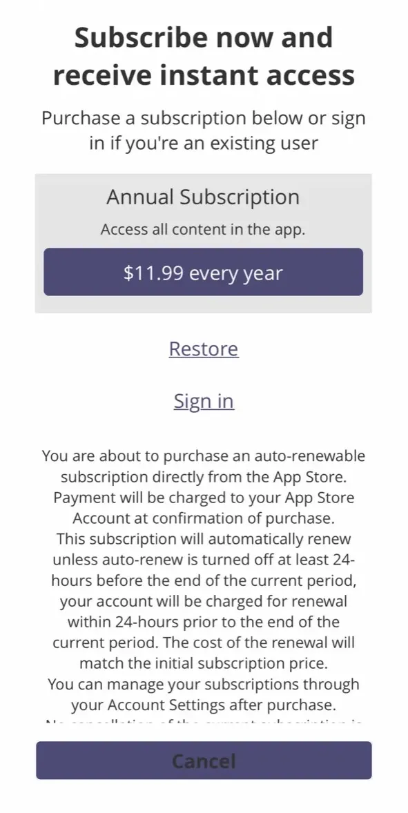 The paywall screen of the true app