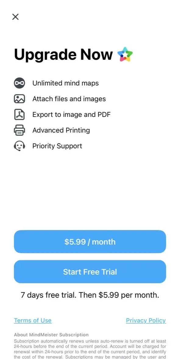 The paywall screen of the Mind Mapping app