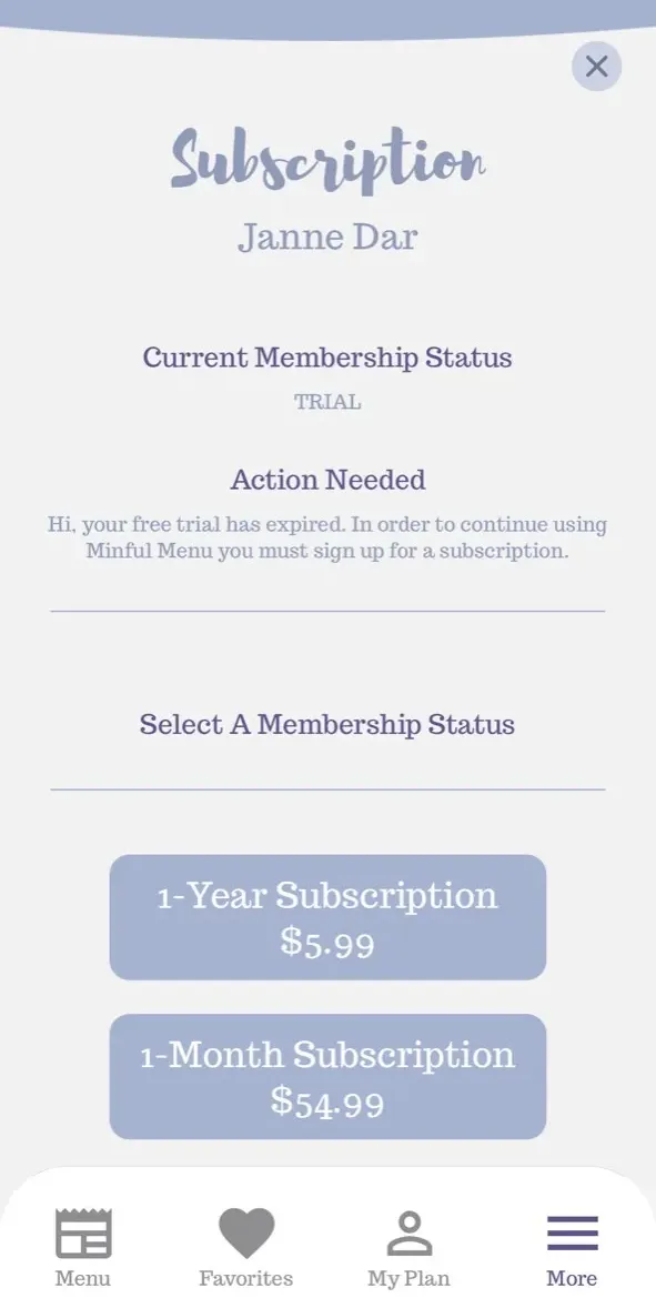 The paywall screen of the Mindful Menu app