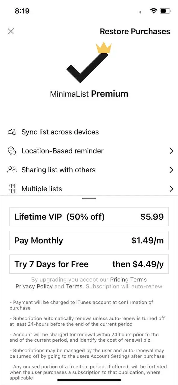 The paywall screen of the MinimaList app