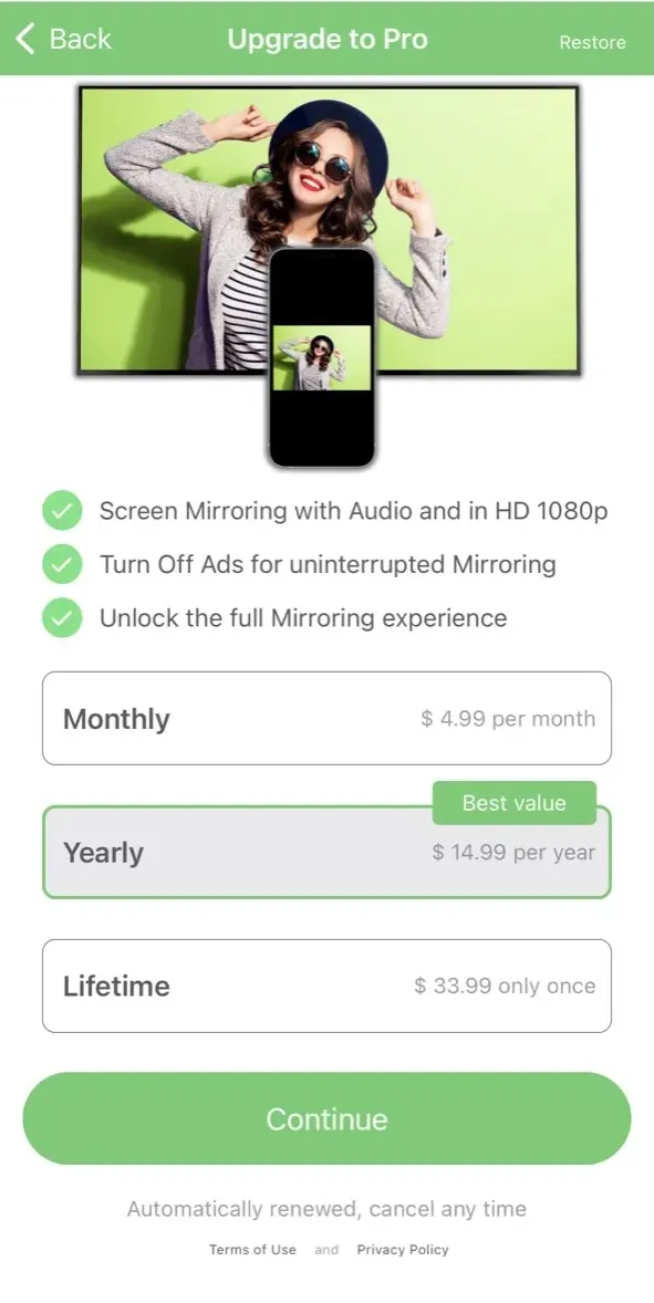 The paywall screen of the Mirror app