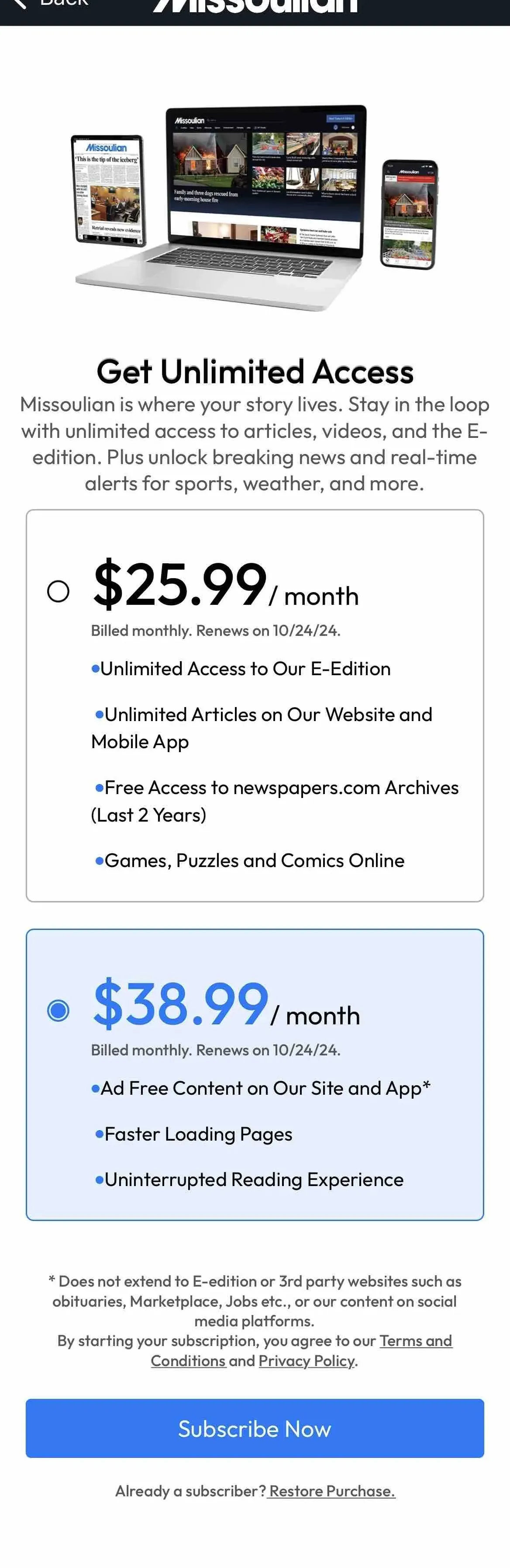 The paywall screen of the Missoulian app