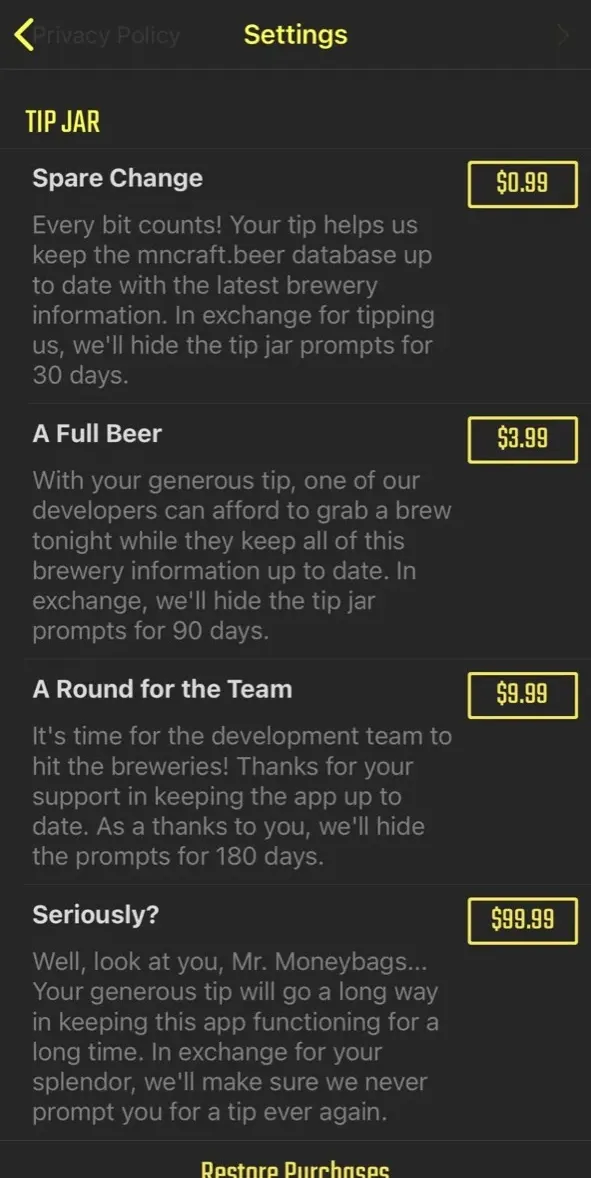 The paywall screen of the mncraft.beer app