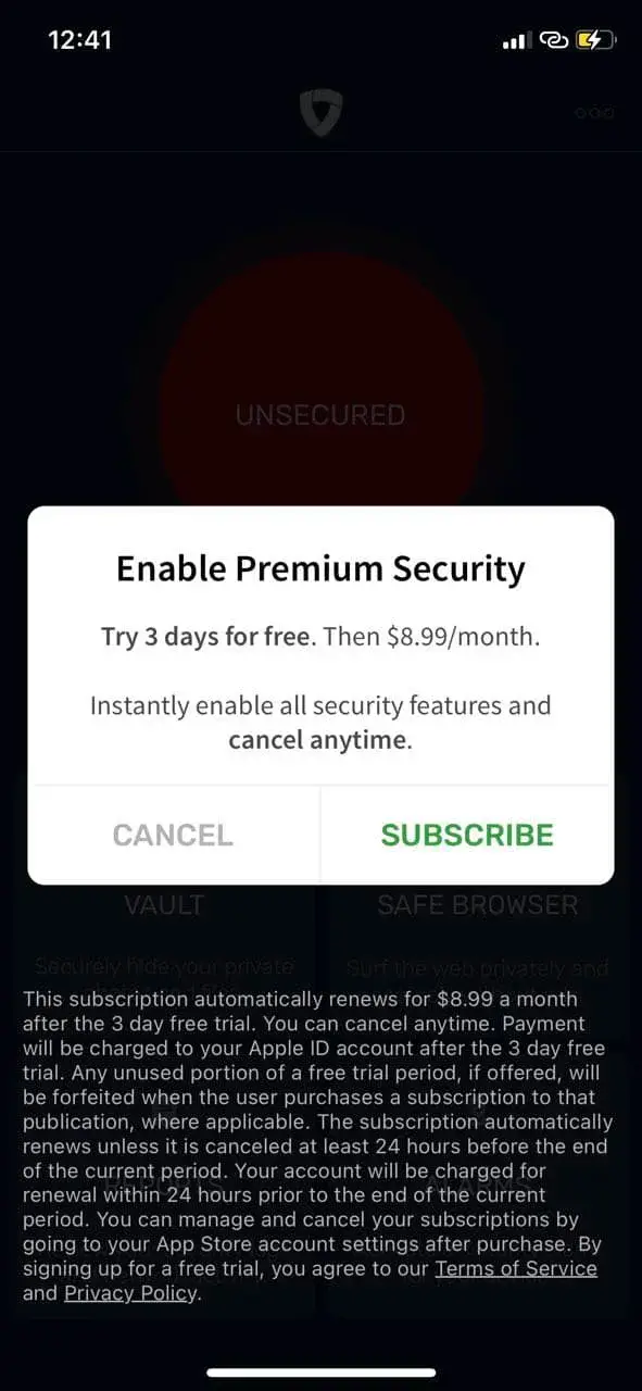 The paywall screen of the true app