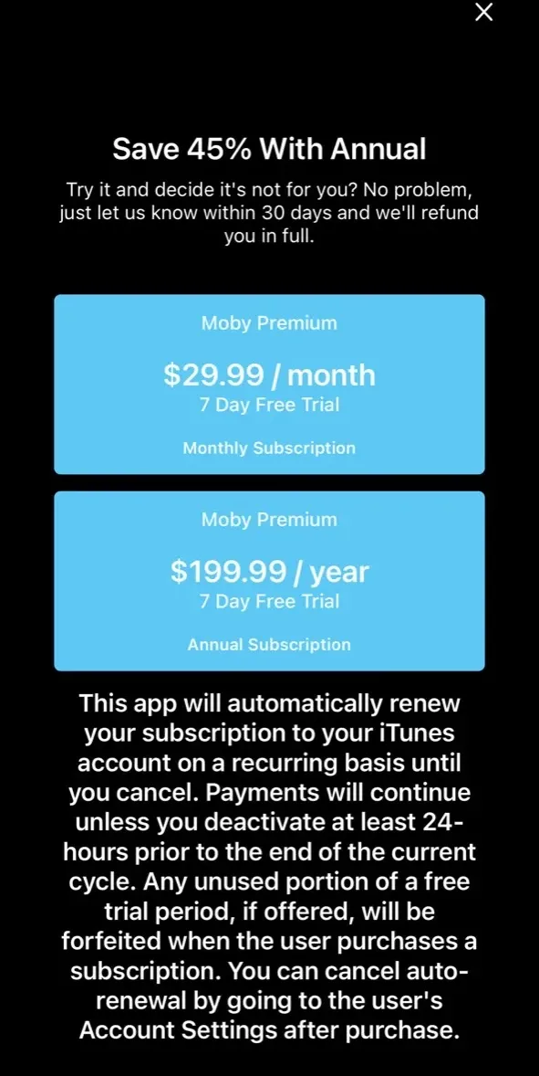 The paywall screen of the true app