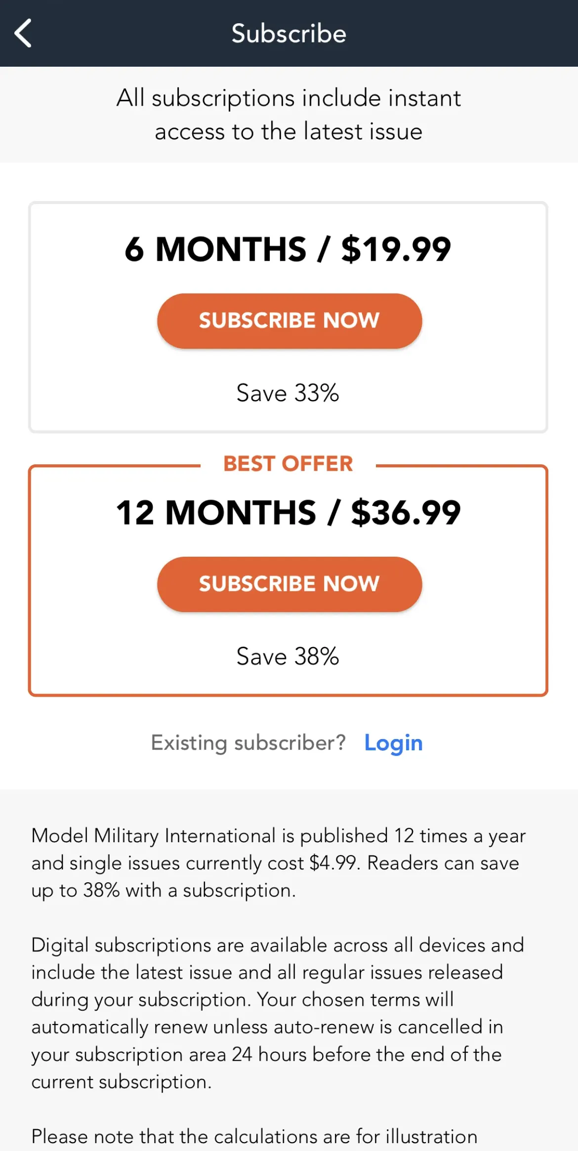 The paywall screen of the Model Military International app