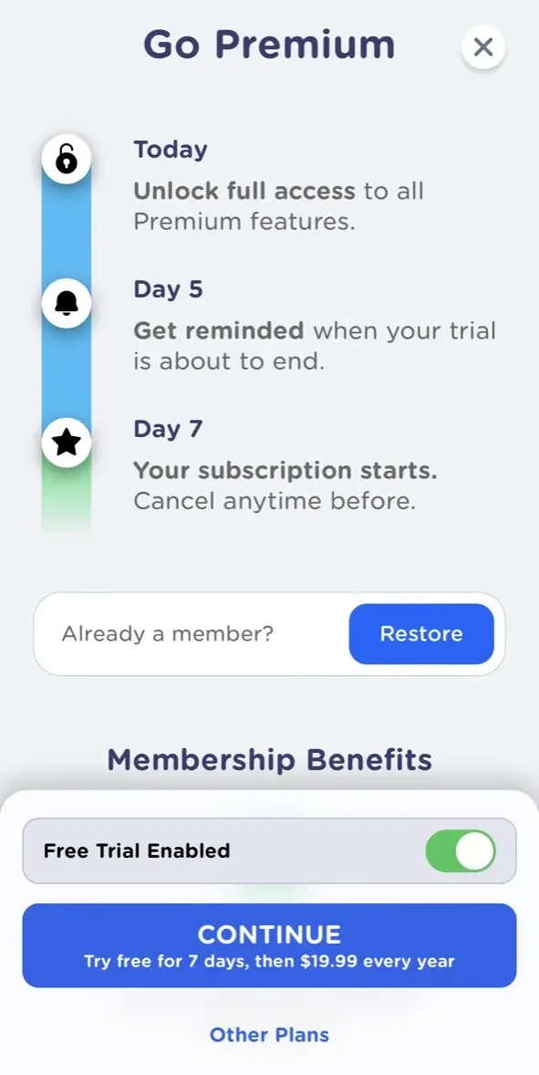 The paywall screen of the Momego app