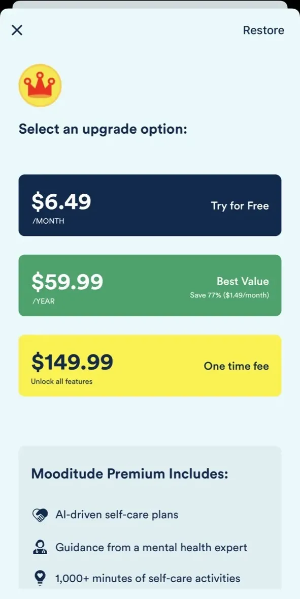 The paywall screen of the true app