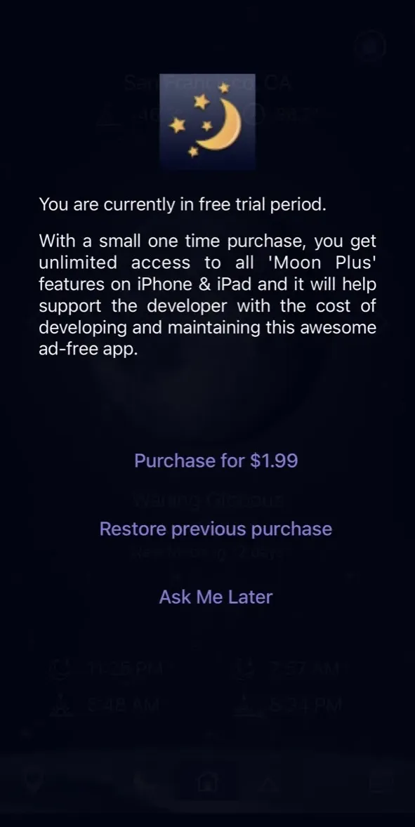 The paywall screen of the Moon Calendar Plus app