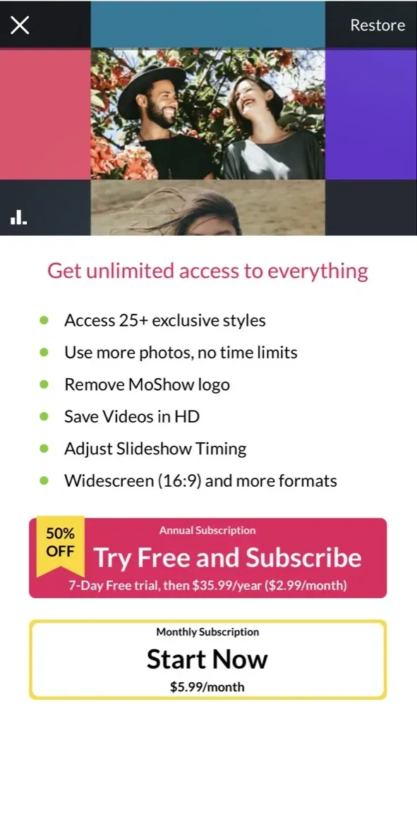 The paywall screen of the MoShow Slideshow Maker app