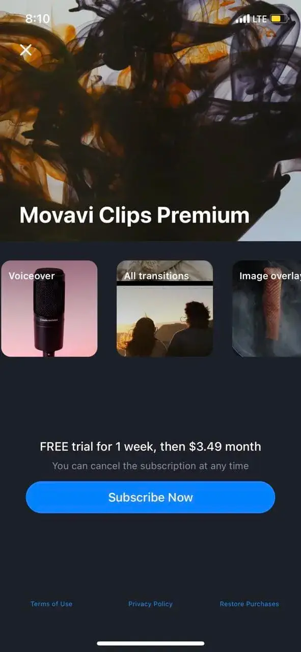 The paywall screen of the Movavi app