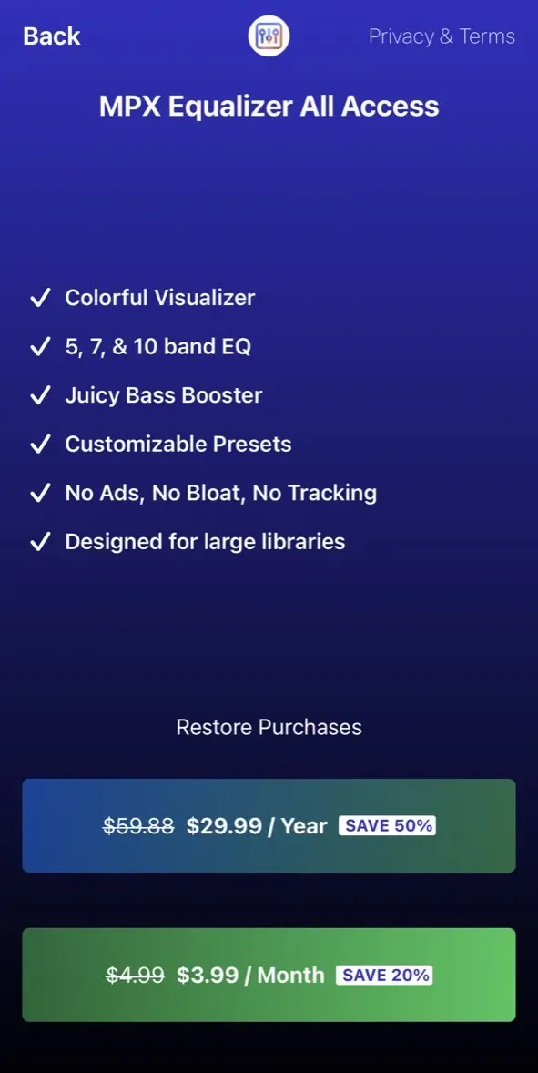 The paywall screen of the MPX EQ Equalizer app