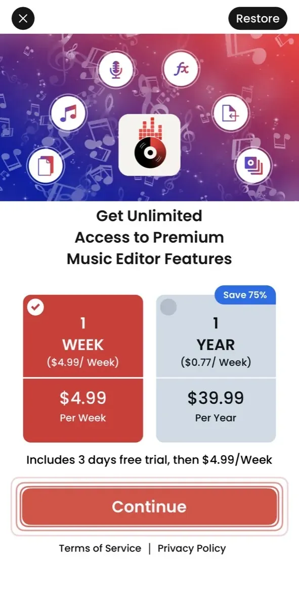 The paywall screen of the Music Editor app