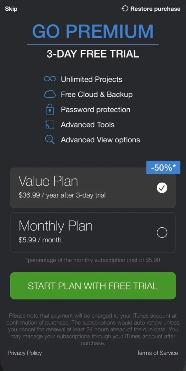 The paywall screen of the My Measures app